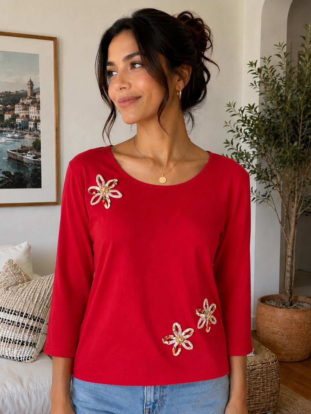 Hearts of Palm Patchwork Flower Appliqué Top XL Red 3/4 Sleeves Momcore See Pics